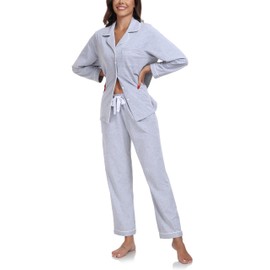 COLORFULLEAF Women's Pyjamas 100% Cotton with Button Placket Long Sleeve Pyjamas Set Two Piece Sleepwear Leisure Suit, Light grey long sleeve
