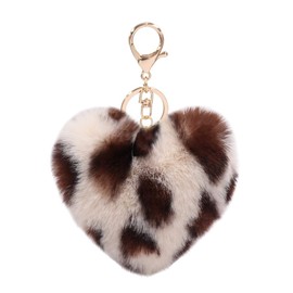Women's Heart Puffball Keychain Faux Fur Pom Pom Keyholder Bag Accessory Keyring Backpack Charms for Girls(Leopard-khaki)