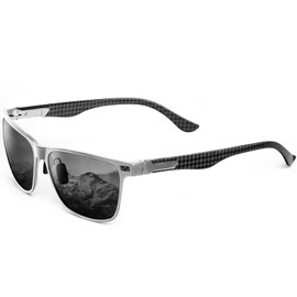 QALLY Carbon Fiber Polarized Sunglasses for Men Trendy Driving Sunglasses Shady Sun Glasses with UV Protection, Silver Frame/Black Lens