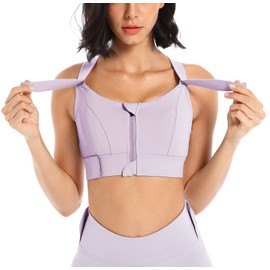 FEOYA Sport Bras for Women Adjustable Straps Yoga Top Zip Up High Impact Criss Cross Support Fitness Crop Padded Bra Purple, M