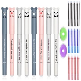SWoob 8pcs Erasable Gel Pens Rub Out Pen 0.35mm Animal Friction Pens Kawaii Cute Pens Blue Black for Office Supplie Home School Student Stationery with 24 Refills + 2 Erasers