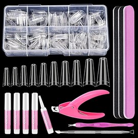 Clear Coffin Nail Tips Set, MORGLES 500 Pcs Clear Fake Nails French Tip Nails Acrylic Long Coffin Half Cover Nail Tips Ballerina False Nails with Nail Clipper Files and Glues,Cuticle Pusher and Fork
