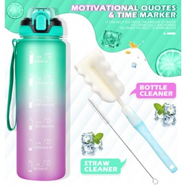 CodiCile 1L Water Bottle with Straw,Water Bottle Dishwasher Safe,Leak-proof Sports Drinks Bottle with Time Maker & Bottle Brush,Non-Toxic for Running,cycling, Gym, School & Office,Green Purple