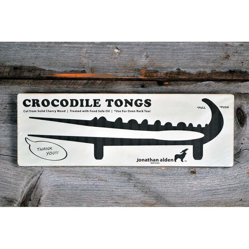Crocodile Toaster Tongs and Oven Rack Pull, Solid Cherry Wood