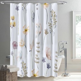 YAEHOCO Watercolor Floral Shower Curtain, Yellow Flower Butterfly Shower Curtain for Modern Minimalist Bathroom Decor, Waterproof Plant Fabric White Bath Curtain Machine Washable - 72x72 Inches