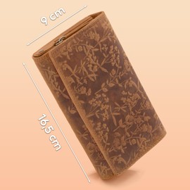 ekavale Women's Wallet with Flower Pattern, RFID Protection, Leather Wallet, Long Format with Press Stud, brown, Classic