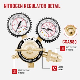 RX WELD Nitrogen Regulator with 0-600 PSI, CGA580 Inlet, 1/4-Inch Male Flare Outlet Connection, Nitrogen Tank Regulator with 5Ft Refrigeration Hose