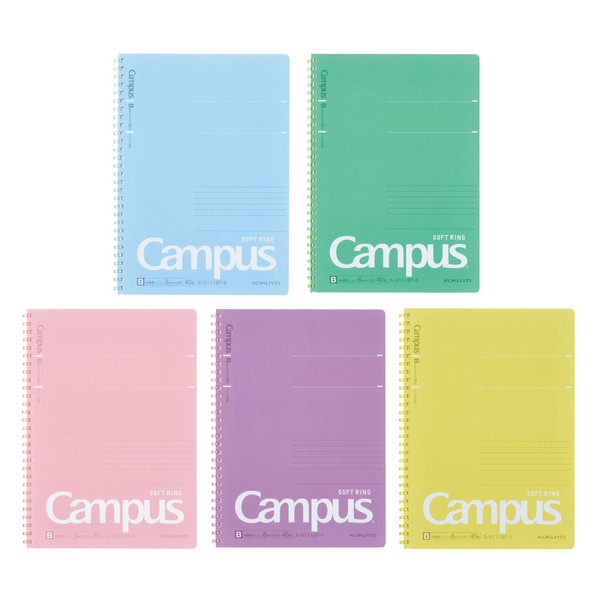 Kokuyo S111BTX5CSET Campus Soft Ring Notebook, Dot B Ruled, 40 Sheets, B5, 5 Pack