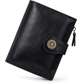 HKCLUF Women's Small Cowhide Genuine Leather Bifold Wallet with RFID Blocking Card Holder with Zip, 2-1 Black, Elegant, sleek, minimalist, classic, timeless