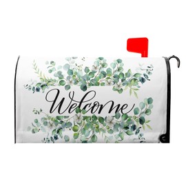 Evlaschin Welcome Spring Summer Mailbox Covers Magnetic- Large Size 25.5x21 Inch- Sage Green Eucalyptus Leaves Wreath Mailbox Wrap Letter Post Cover Decoration for Yard Garden Outdoor Home