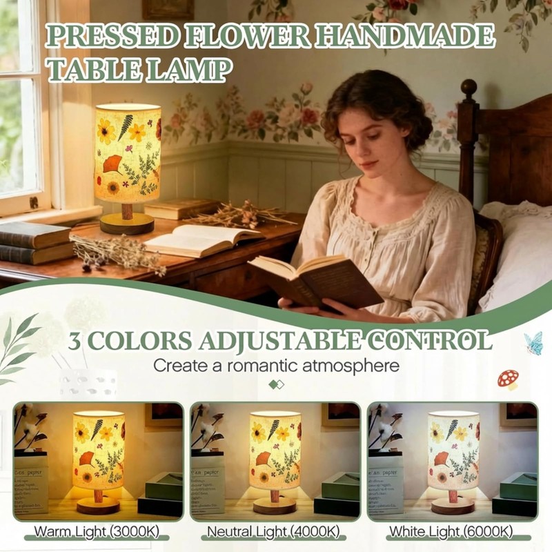 Hortsun Pressed Flower Lamp Vintage Table Small Lamp Cottagecore Decor