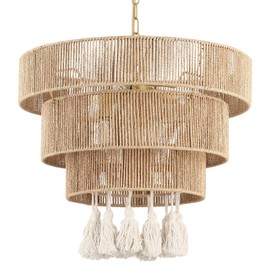 Riceears Boho Chandelier Light Fixtures 20in 6 Lights, Rattan Pendant Light, Hand Woven Lampshade with Cotton Beards, Hanging Light for Dining Room Living Light Fixture Over Table, Boho Light Fixture