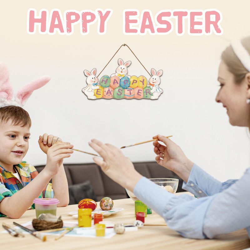 Happy Easter Wooden Hanging Sign, Egg and Bunny Pattern, Easter