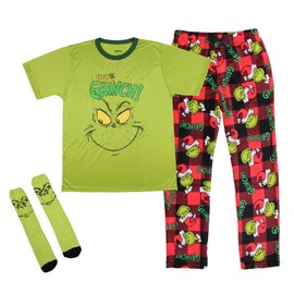 DDr. Seuss GRINCH Men's Pajama Pants Shirt and Socks 3 Piece Pajama Set (X-Large) Multicolored