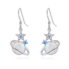 Dreamboat Planet Earrings Saturn Earrings Space Earrings for Women Star Earrings Earth White Opal Earrings 925 Sterling Silver Hypoallergenic Hook Dangle Earrings Celestial Jewelry, Sterling Silver,