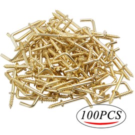 Metal Screw in Hooks, 100pcs 3/4 Inch Right Angle Screw Hooks Square Bend Hooks Self-Tapping Scew Hook for Hanging, Gold