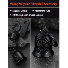 FaithHeart Motorcycle Bell Stainless Steel Lucky Charm Keyring for Motorcycle, Punk Motorcycle Bells with Viking Vegvisir Symbol, Hip Pop Lucky Charm for Motorcycle, A Vegvisir-Black