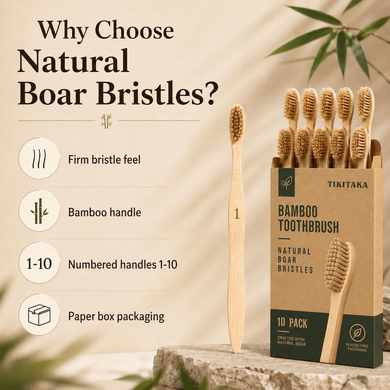 TIKITAKA FTG Boar Bristle Bamboo Toothbrush 10 Pack Plastic Free