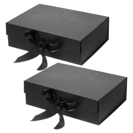 PATIKIL 10x8x3 Inch Magnetic Gift Box, 2 Pcs Collapsible Paper Party Favor Boxes with Lid and Ribbon for Wedding Valentine's Day Birthday, Black