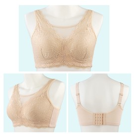 ONEFENG Mastectomy Bra with Pockets, Cotton Pocket, Post-Surgical Bra for Prostheses, Women's Lace Everyday Bra, beige, 90C