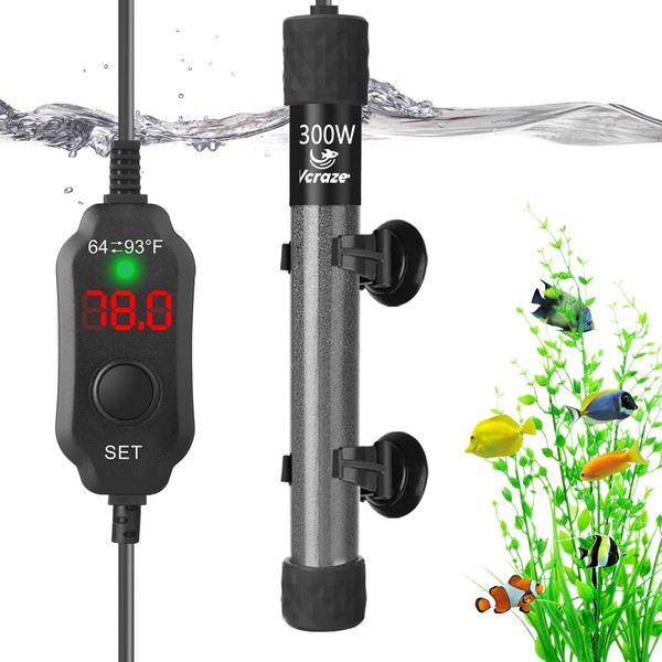 VCRAZE Super Compact 300W Fish Tank Heater, Submersible Aquarium Heater