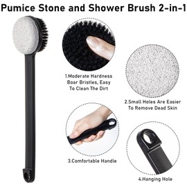 Beomeen Pumice Stone for Feet and Shower Brush with Long Handle 14", Hard Skin Callus Remover, 2 in 1 Foot Scrubber Brush, Back Scrubber Body Brush for Shower Deep Cleansing and Exfoliating (Straight)
