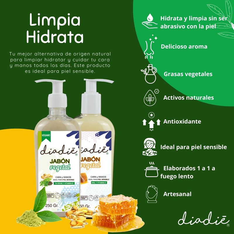DIADIÉ Jabon para piel sensible, cara, manos. 2pack. Limpia e