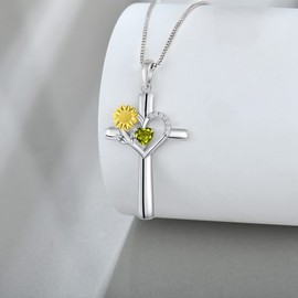 Veshon Sunflower Cross Necklace with Peridot Heart Birthstone 925 Sterling Silver Sunflower Love Heart Pendant Necklace for Women Faith Jewelry Birthday Gifts for Women Girlfriend Wife Daughter Her