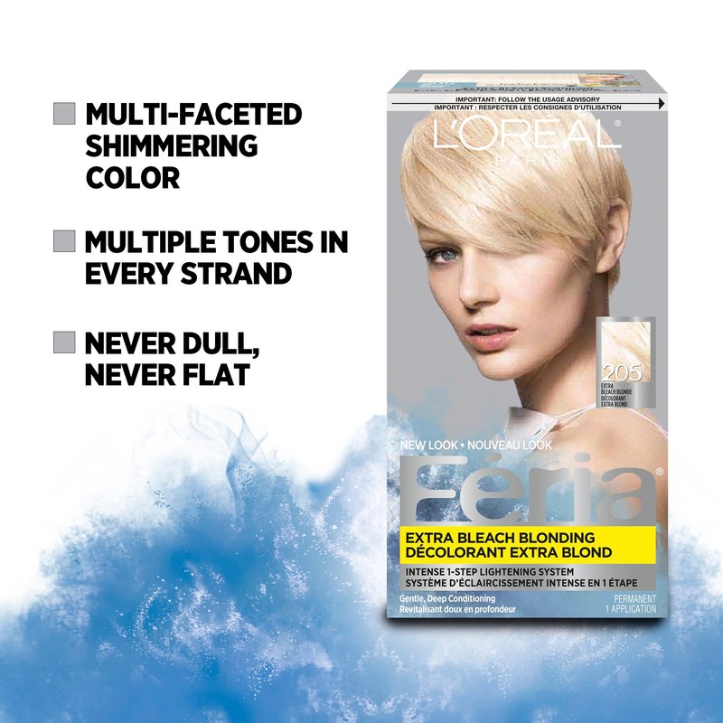 L'Oréal Paris Feria Advanced Lightening System Permanent Hair Bleach, 205 Extra Bleach Blonde, with Anti-Brass Purple Conditionner, Hair Color for Women, 1 EA