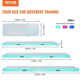 Mint Green 4-Inch Thickness Gymnastics Air Mat 10 Ft Inflatable Tumbling Mat Electric Pump for Home Gym Yoga Water TrainingSize: Size 10 ft x 3.3 ft x 4 in (300 x 100 x 10 cm), Color: Mint Green Color