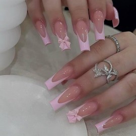 24 Pcs French Tip Press on Nails Long Coffin Cute Bow Fake Nails with Charms Design Pink French Tip False Nails Glossy Glue on Nails Full Cover French Artificial Nails for Women Girls Nail Decoration