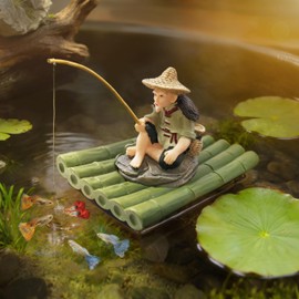 BaoZqua 2-in-1 Floating Aquarium Decor, Interactive Floating Fish Tank Fisherman Decorations on PVC Bamboo Raft with Stable EVA Pad Buoyancy for Guppy, Small Schooling Species, Paludarium and Zen Pond