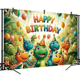 Starlit Patio Dinosaur Happy Birthday Banner Backdrop Jungle Dino Party Decorations Cartoon Dinosaurs Balloons Tropical Forest Kids Dinosaur Decorations Photography Background 70.8 x 43.3 Inch