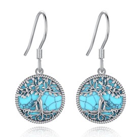 Vito 925 Sterling Silver Turquoise Tree of Life Dangle Earrings for Women, Mother Tree with 1 Child Earrings for Mom, Mother's Day Jewelry Gift for Mum Wife Grandma, Gift for My Mom