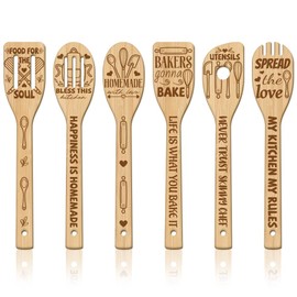 GLOBLELAND 6 Pcs Kitchen Utensil Wooden Spoons Spatula Set Bamboo Kitchen Cooking Utensils for Women and Men Wooden Engraved Cooking Spatula Set for Christmas Kitchen House Warming Gift