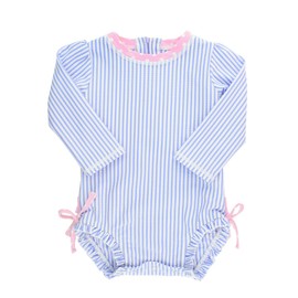 RuffleButts® Baby/Toddler Girls Long Sleeve One Piece Swimsuit - Blue Seersucker with UPF 50+ Sun Protection - 2T