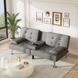 Furmax Futon Sofa Bed Adjustable Futon Couch Sleeper Sofa Bed for Living Room, Business Office, Recliner Sofa with Cup Holders (PU Leather, Gray)