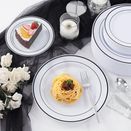 U-QE 100pcs Black Plates Disposable for Party - Black and White Plates Disposable Heavy Duty - Include 50 10" Dinner and 50 7" Dessert Plate, Perfect for Party, Wedding