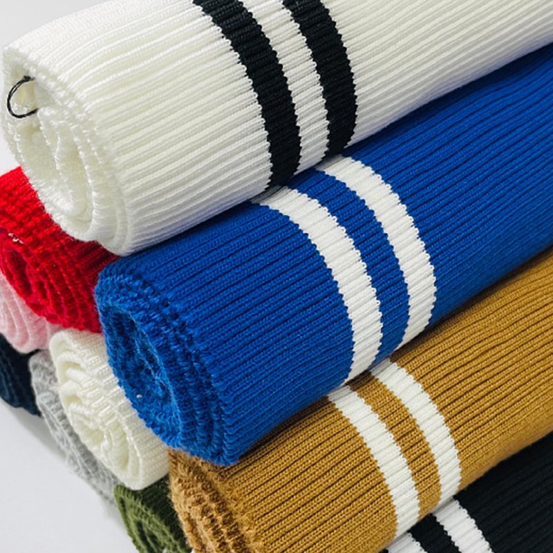 1pc Grey Ribbing Fabric Polyester Elastic Ribbed Cuffs White Stripes