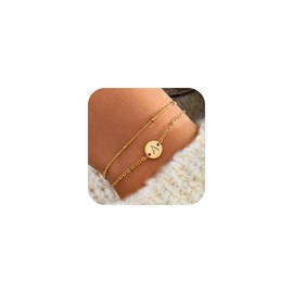 Gold Initial Bracelets for Women Trendy - 18K Gold Plated Letter Initial Bracelet Dainty Disc Monogram Charm Initial Bracelet Gold Initial Bracelets for Women Gold Jewelry for Women Gift(A)