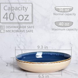 Bosmarlin Stoneware Large Pasta Bowls, 40 Oz, Set of 4, Big Salad Bowls, Microwave and Dishwasher Safe (Prussian Blue, 9.3 in)