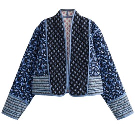 Wyeysyt Women Cropped Puffer Quilted Jackets Cardigan Floral Printed Lightweight Long Sleeve Open Front Short Padded Coats(Black-L)