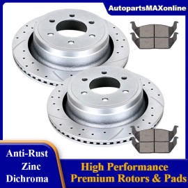 AutopartsMAXonline Rear Drilled Slotted Brake Rotors and Pads Kits for Ford F-150 Lincoln Mark LT