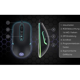 MILLENIUM Gaming Maus in Schwarz mit RGB LED - High Performance USB Gaming Mouse für Hobby-Gamer und eSportler, optisch & funktional ansprechende Gamingmaus, schwarz