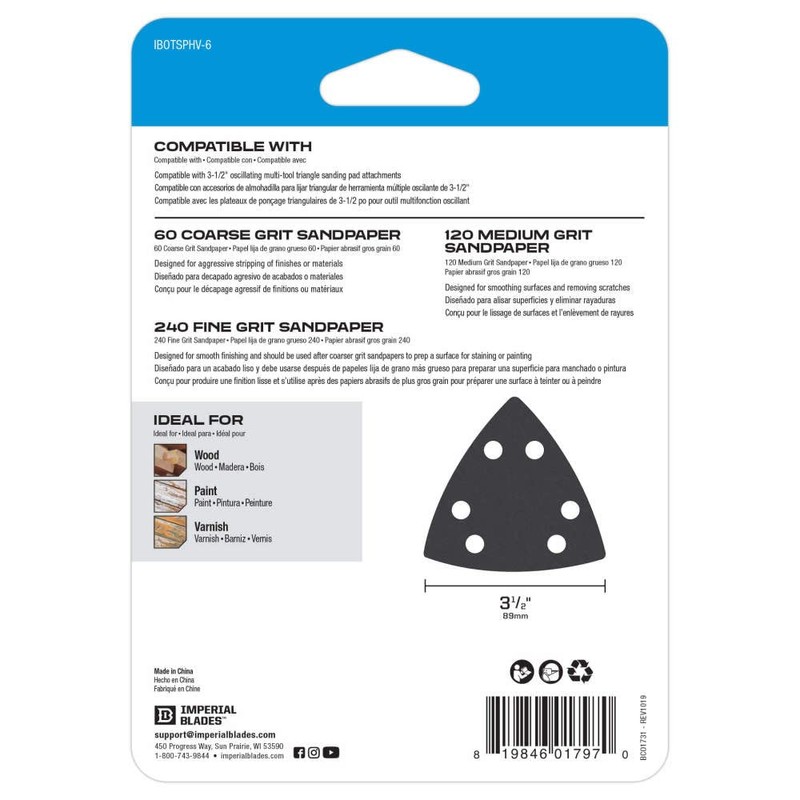 Imperial Blades - Oscillating Multi-Tool Triangle Sandpaper Variety Pack, 6PC