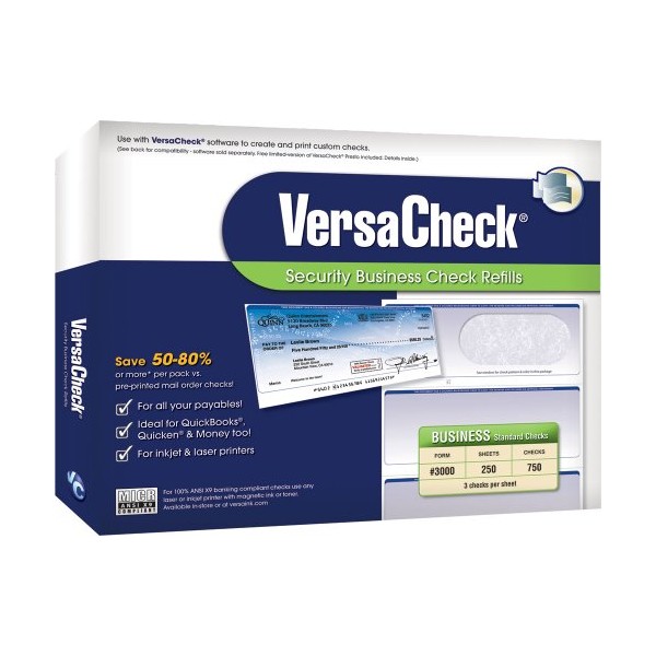 VersaCheck Secure Checks - 750 Blank Business Checks - Blue Classic - 250 Sheets Form #3000 - 3 Per Sheet