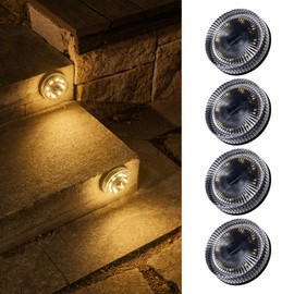 OPOIRA Glass Solar Deck Lights with Ray Style, Modular-Design Waterproof Outdoor Fence Lights for Stairs Step Yard Patio Garden Wall Pathway, Decorative Patio Table Lighting, Warm White (4 Pack)