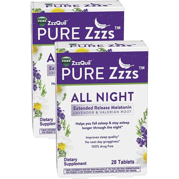 ZzzQuil PURE Zzzs, All Night Extended Release, Melatonin Sleep Aid Supplement with Lavender & Valerian Root, Sleeping Pills for Adult, Drug-Free, 28 Tablets (Pack of 2)