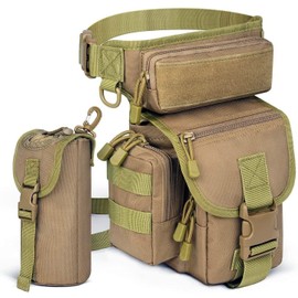Flintronic Tactical Leg Bag, Drop Leg Bag, Multi-Purpose Waterproof Outdoor Military Leg Bag, Waist Bag with Water Bottle Bag, for Hiking, Travel, Motorcycling, Camping, Fishing, Khaki/Black, #2 Khaki