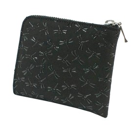 Indenya 1008-01-008 F Coin Purse, Deer Leather, Black Background x Black Lacquer, Dragonfly Pattern, black